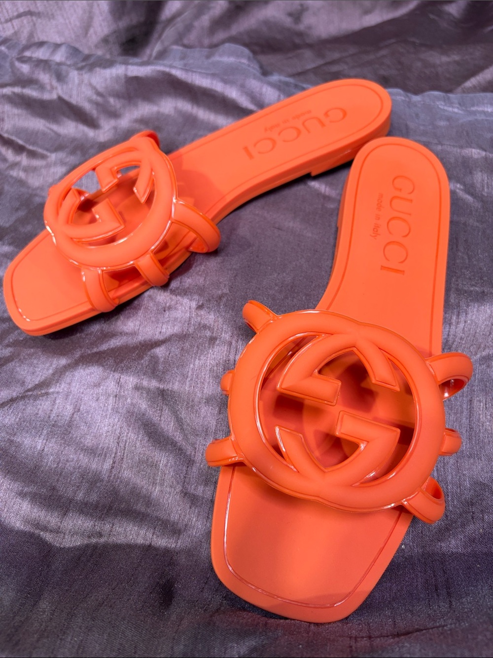 Gucci Orange Patent Logo Slide Sandals